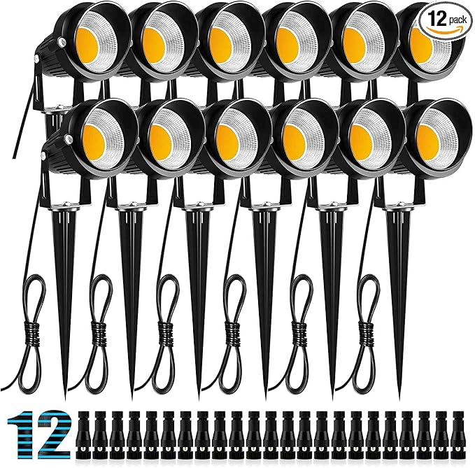 ZUCKEO 10W Landscape Lighting Low Voltage LED Landscape Lights IP66 Waterproof Landscape Spotlights Yard Lawn Garden Outdoor Lights 12V 24V 1000LM Warm White (12Pack with Connectors)
