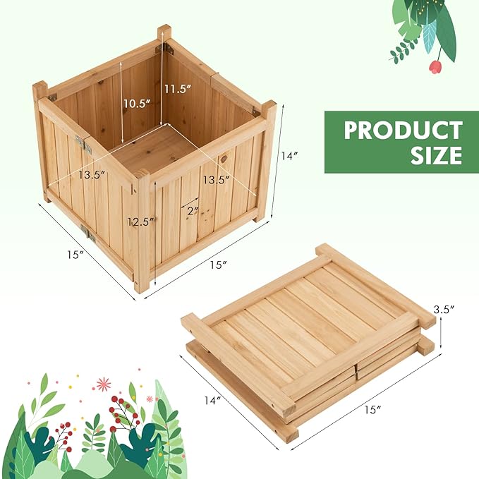 S AFSTAR Outdoor Wooden Planter Box Folding Raised Garden Bed W/Drainage Hole Patio Square Plant Container for Flowers Vegetables Fruits Herbs Collapsible Planting Box for Yard 15 x 15 x 14