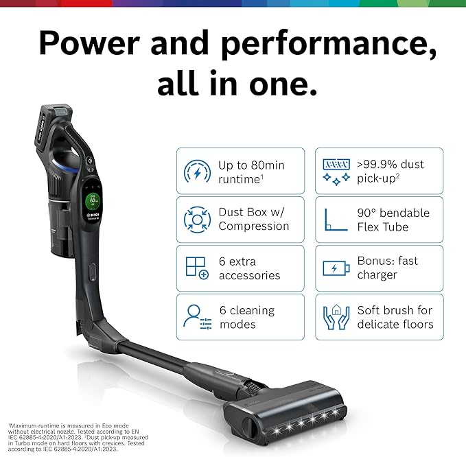 Bosch Unlimited 10 Cordless Stick Vacuum Cleaner - Up to 80 Min Battery Fast Charger Pet Hair Hard Floors and Carpets HEPA Filter MicroClean Brush Bendable Tube 6 Accessories Black