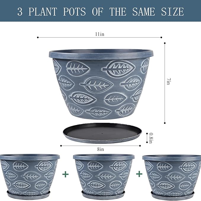 Outdoor Flower Pots for Plants Set of 3 Pack 11 Inch Planter Pot Large Plastic Plant Pots Indoor Plants with Drainage Holes &amp Trays Modern Decorative Garden Containers Sets for House(Blue)