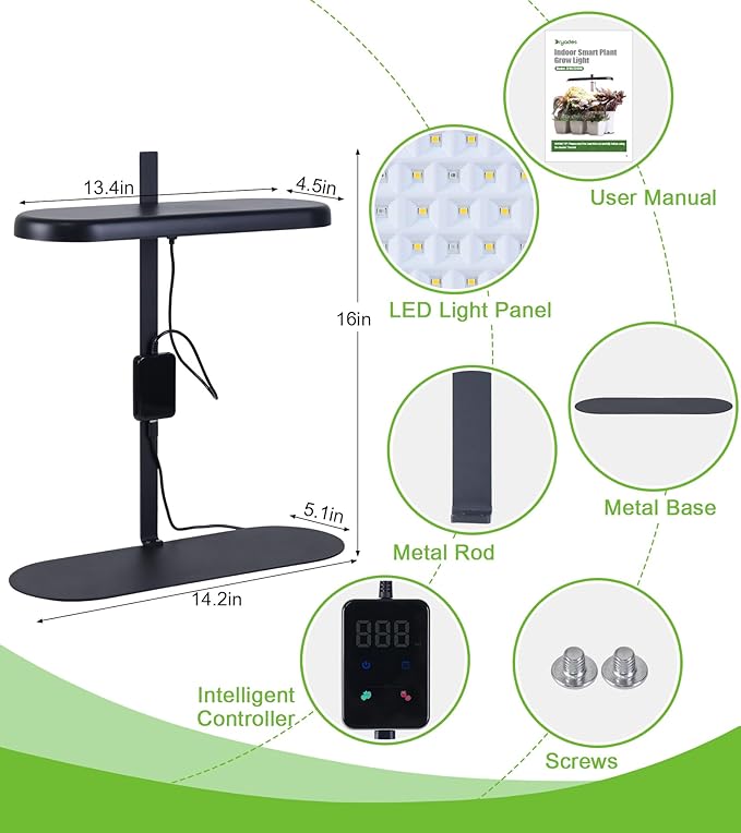Grow Lights for Indoor Plants 20W Full Spectrum LED Grow Lamp for Indoor Garden with Intelligent Controller Height Adjustable Ideal for Home Desk Plant Lighting (Black Metal Base)