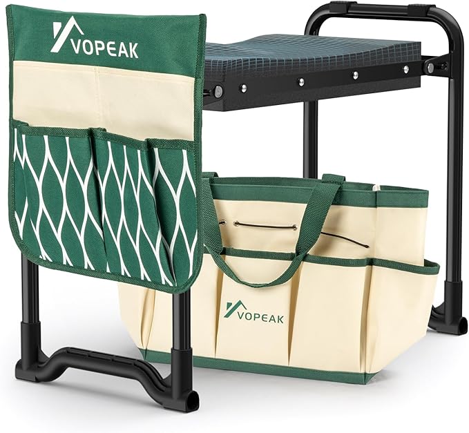 VOPEAK Garden Kneeler and Seat Heavy Duty Foldable Garden Stool with Upgraded Widened Thick Kneeling Pad Stable Garden Kneeler with 2 Large Tool Bags Gardening Gifts for Women Men Seniors Green