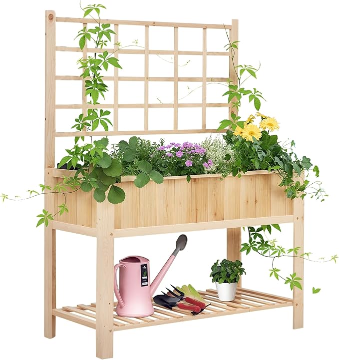 Outsunny 47'' Wooden Raised Garden Bed with Trellis Coutryside Style Elevated Planter Box Stand with Open Storage Shelf Spacious Planting Area for Vegetables Herbs Flowers