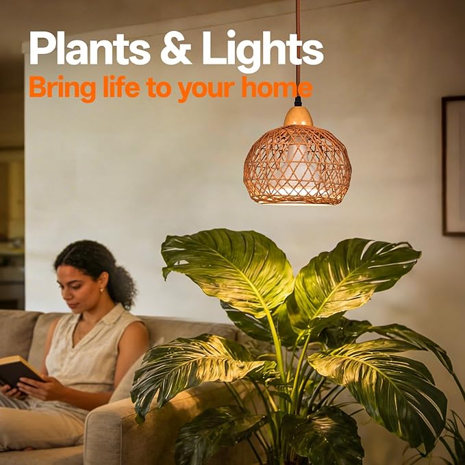 Bstrip Hanging Grow Lights for Indoor Plants 18W Full Spectrum Plant Light with 4H/9H/14H Timer 15.9 FT Power Cord &amp Boho Rattan Shade 3800K Hanging Lights for Indoor Plant Tall Plant Flowers