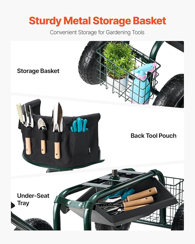 VEVOR Garden Seat with Wheels Rolling Garden Stool with Height Adjustable &amp 360° Swivel Seat 400lbs Weight Capacity Gardening Cart Bench Ergonomic Backrest &amp Tool Storage for Yard Patio