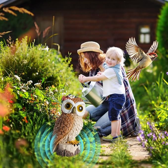1 KINGO Fake Owl Decoy Bird Deterrents for Outside Solar Powered LED Eyes &amp Ultrasonic Deterrent Scarecrow Owl Decoys to Scare Birds Away Bird Repellent Devices Outdoor Resin Garden Statues