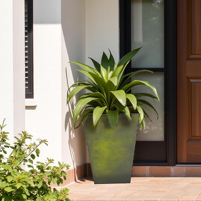 Worth Garden Large Metal Glazed Floor Planter Set of 2-14 Dia x 18 H - Luxurious Glossy Finish Green Tall Square Tapered Steel Plant Pots Decor Flower Pot Indoor &amp Outdoor Drainage Hole