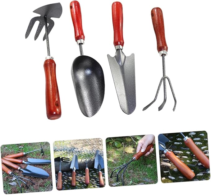 4pcs Mini Garden Tool Set with Extended Narrow Spade Triple-Claw Rake Dual-use Pointed Hoe Soil Scoop for Planting and Flower Gardening