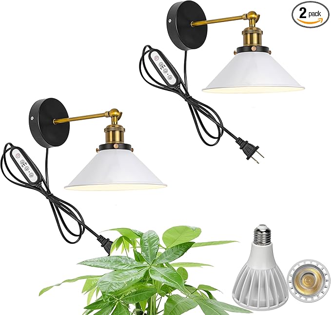 2-Pack Hook Type Wall Mounted Plant Light Full Spectrum 25W 6000K White Light Vintage White Metal Adjusted Angle Timing Wall Lamps for Plants Flowers Indoor Growing