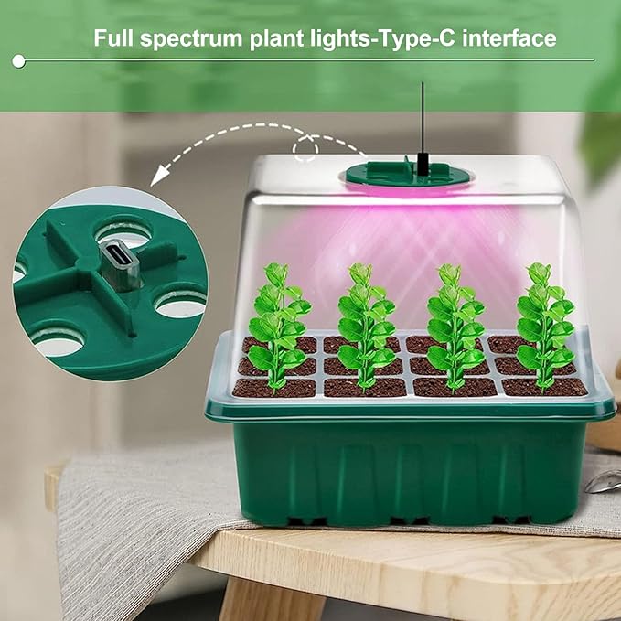 Adjustable Ventilation Transparent Plastic Tray Seed Starter Kit with Full Spectrum LED Grow Light Control Box 5 Levels of Brightness 4H 8H 12H 18H Timing for Garden
