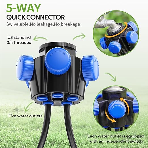 HIRALIY 100FT Garden Watering System Automatic Drip Irrigation Kit with Adjustable Flow Nozzles 5-Way Connector Plastic Material Modern Style Ideal for Lawn Patio Garden Raised Bed