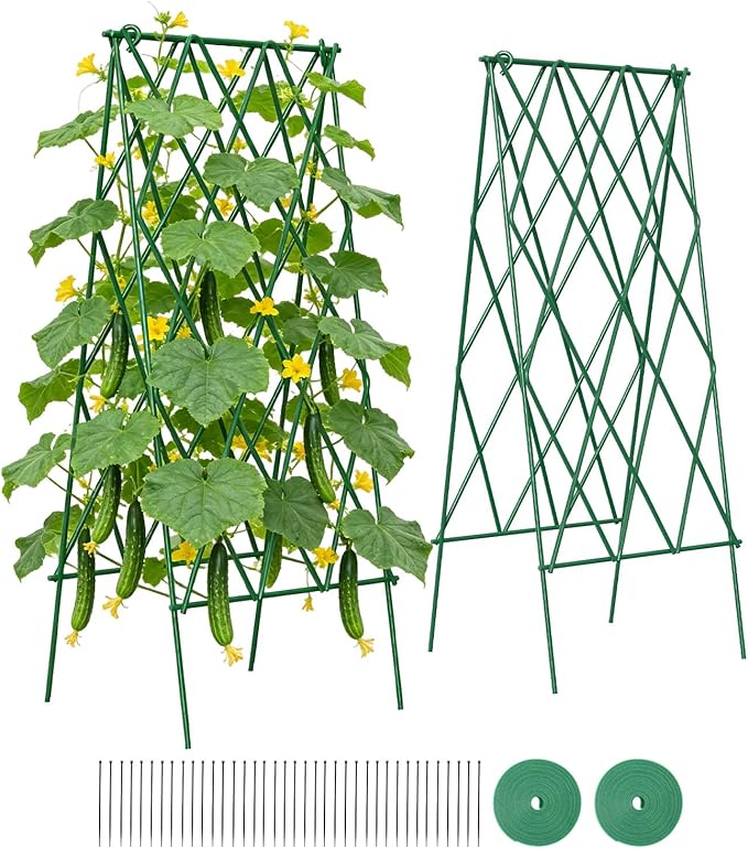 Suteck Cucumber Trellis 39.2 2 Pack A-Frame – Foldable Metal Garden Trellis for Cucumbers Peas Beans &amp Climbing Plants No Assembly Required Plant Support Ideal for Raised Beds Patios &amp B