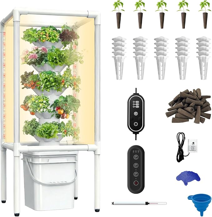 SJZX Hydroponics Growing System Hydroponic Tower with Full-Spectrum Grow Lights 5 Tiers Indoor Outdoor Garden Planter Vertical Home Gardening Germination Kits for Vegetables Fruits Herb (25 Pods)