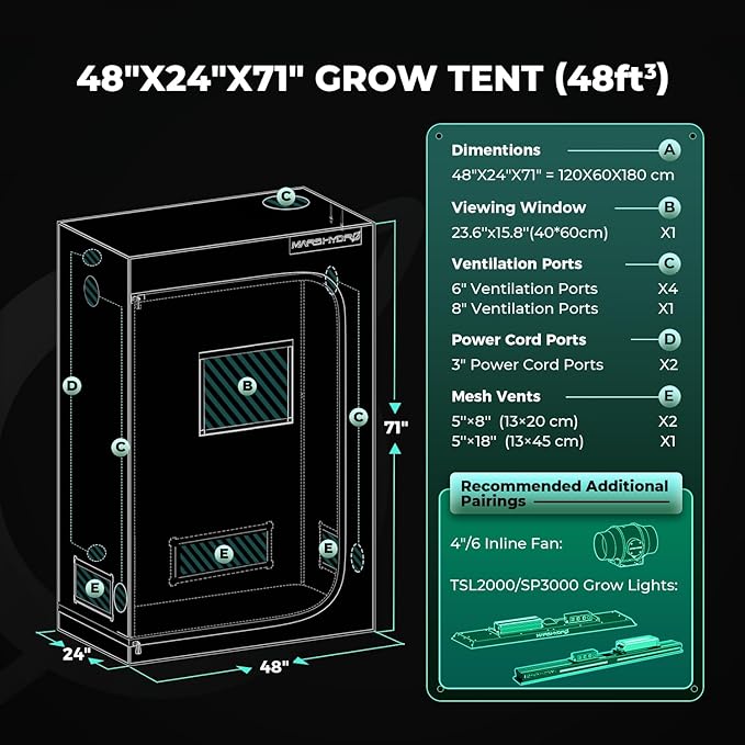 MARS HYDRO 4x2x6 Grow Tent Pro48x24x71 2000D Thickened Polyester Canvas &amp High Reflective Mylar Larger Observation Window Controller &amp Socket Hangerfor TSL2000/SP3000 Indoor Plant Growi