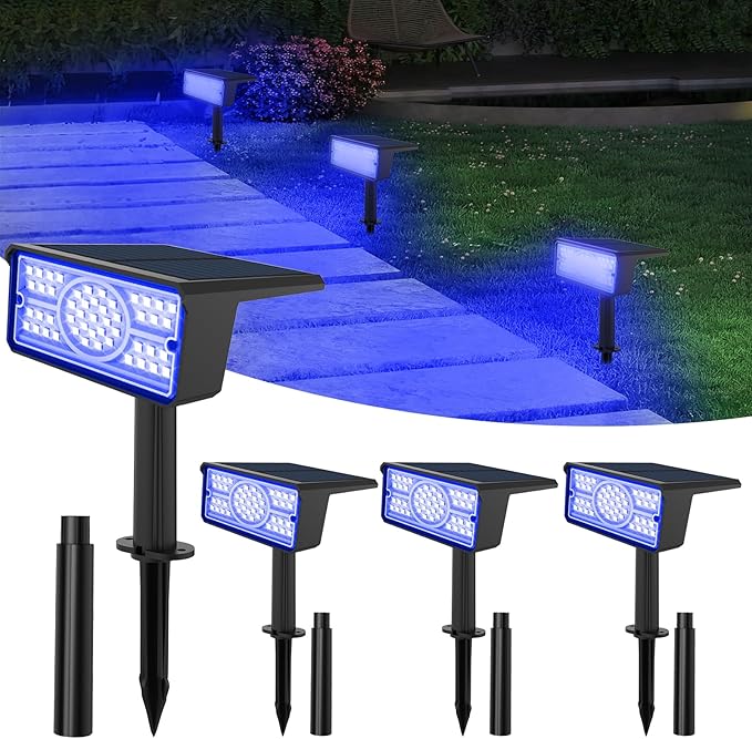 T-SUN Solar Spot Lights Outdoor 4 Pack 49LED Landscape Spotlights 2 Lighting Modes Auto ON/Off Solar Lights for Trees Garden Yard Pathway Driveway(Blue)