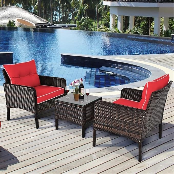 Pemberly Row 3-Piece 26'' Rattan Conversation Set Outdoor Seating Ensemble Built for Casual Comfort and Interaction Red
