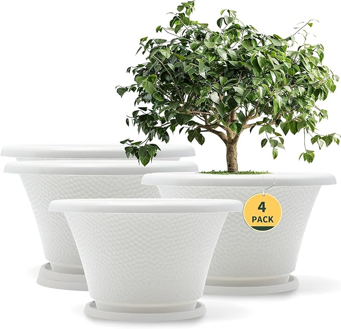 Quarut 12 Inch Plant Pot4 Pack Large pots for PlantsFlower Pots with Drainage Hole &amp SaucerModern Planters for Indoor Outdoor PlantsDecorative Resin Garden PotsWhite