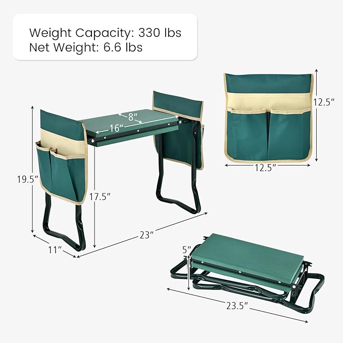 Giantex Garden Kneeler &amp Seat Folding Gardening Stool Portable Garden Bench with EVA Foam Pad Heavy-Duty Metal Frame Gardening Gift for Women Men Seniors (Holds 330 LBS) (with 2 Bags)