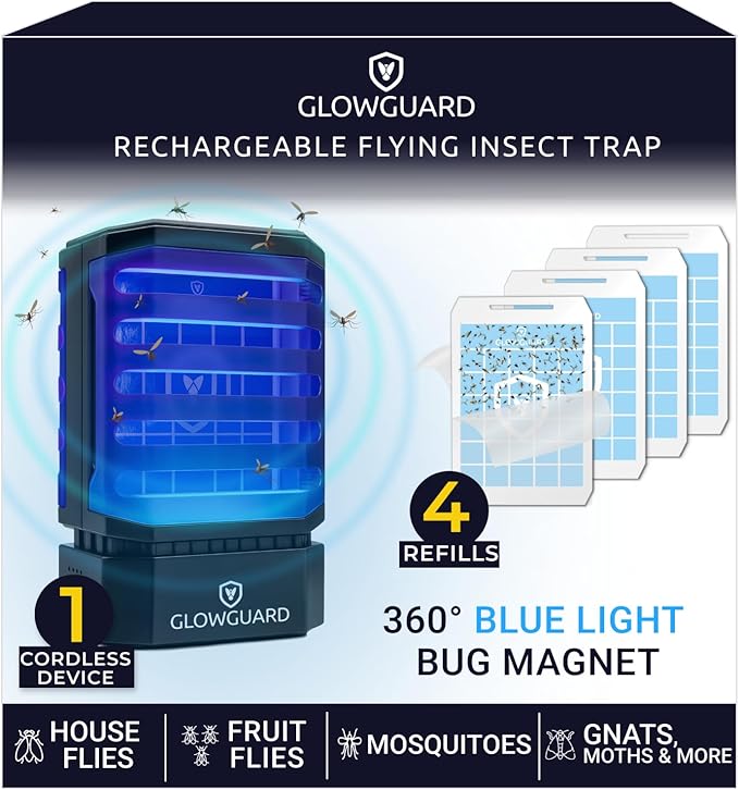 GlowGuard Cordless Flying Insect Trap Catches Fruit Flies Indoor Gnat Killer Magnet for Moths &amp Mosquitos in Dark 1 Rechargeable Trap + 4 Dual-Sided Sticky Pad Refills 30Hr 5000mAh Battery (Bl