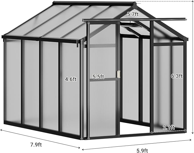 6X8 FT Greenhouse Walk-in Greenhouse Kit with Aluminum Frame Polycarbonate Panels Adjustable Roof Vent Sliding Door Secure Lock for Outside Garden Patio Backyard