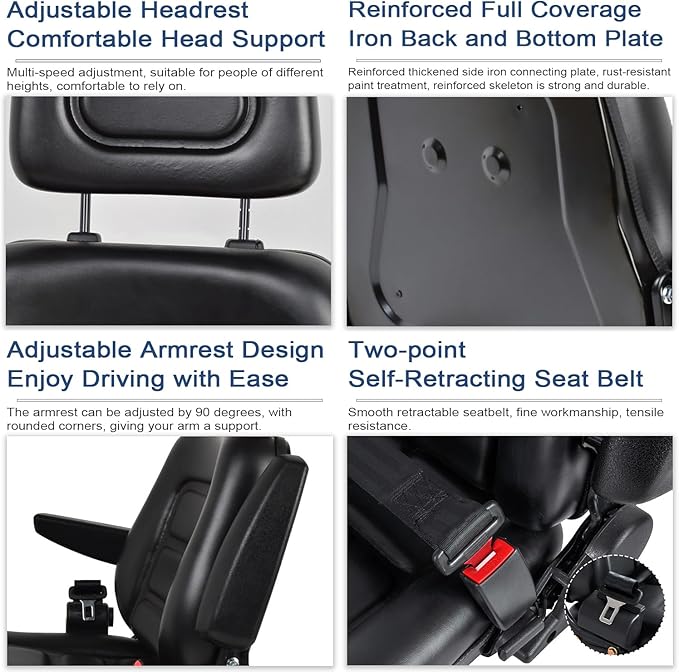 Foldable Universal Lawn Mower SeatWaterproof Artificial Leather Seat with 0-90°Armrest &amp Retractable SeatbeltBlack PVC Forklift Seat w/Adjustable Angle Backrest and Sli(Size:no HeadrestColor:Bl