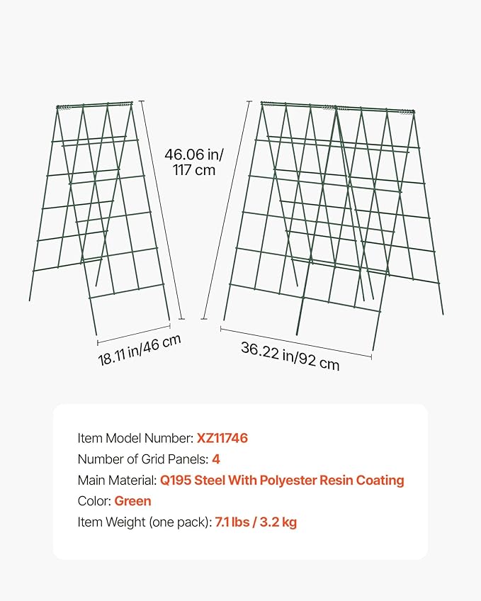 VEVOR Cucumber Trellis 46 High Foldable A-Frame Garden Trellises for Raised Bed 4 Panels Metal Rustproof Outdoor Climbing Plant Support with 2 Plant Bags for Vine Peas Beans Tomato Flowers