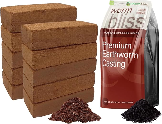 Coco Coir 650gm Bricks (10-Pack) + Worm Bliss (2 Gallons) - Organic Coco Coir for Plants &amp Worm Castings for Plants - Coconut Coir Bricks - Earthworm Castings Worm Fertilizer - Garden Soil Potting