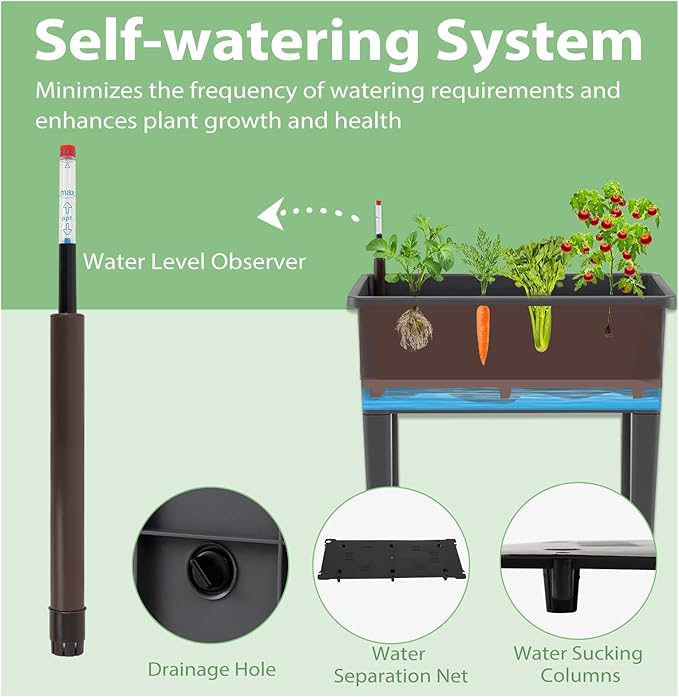 HAPPYGRILL 4-in-1 Raised Garden Bed with Climbing Trellis Self-Watering Elevated Planter with Water Level Indicator Drainage Hole Outdoor Plastic Planter Box with 4 Detachable Legs for Garden Lawn