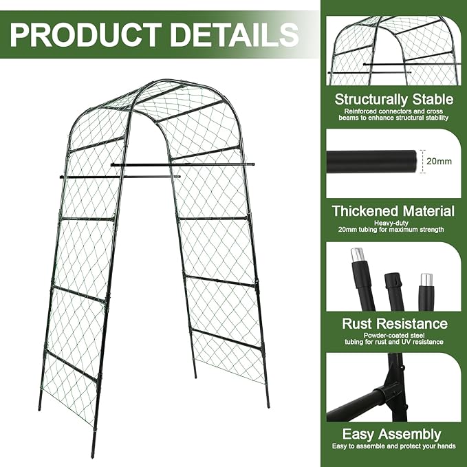 Extra Tall Garden Arch Trellis for Cucumber Heavy-Duty Rust-Resistant Powder-Coated Steel Vertical Support for Large Vining Vegetables (47”W x 79”H)