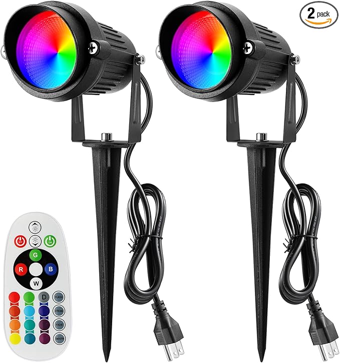 Junview Christmas Outdoor Spotlight 120V LED Spot Lights Outdoor RGB 12W Color Changing Landscape Lights with Remote Control Waterproof Spot Lights Outdoor for Yard Path Garden Decorative (2Pack)