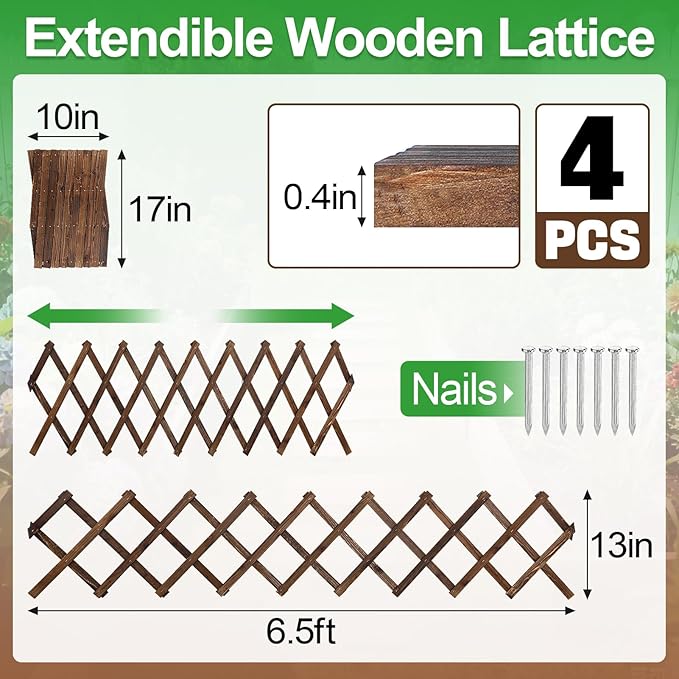 Pack of 4 Extra Thick Wooden Wall Trellis - Expandable Wall Planter Lattice Panels for Climbing Plants Hanging Vertical Plant Support Fence Frame Outdoor Indoor for Balcony Patio Garden Room