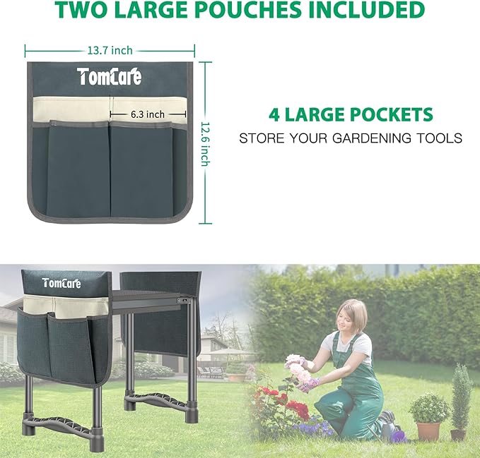 TomCare Garden Kneeler and Seat 10.64” Wider Larger Soft Kneeling Pad Garden Bench with 2 Large Tool Pouches Heavy Duty Garden Stool Foldable Tools Gardening Gifts for Women Men GardenersGrey