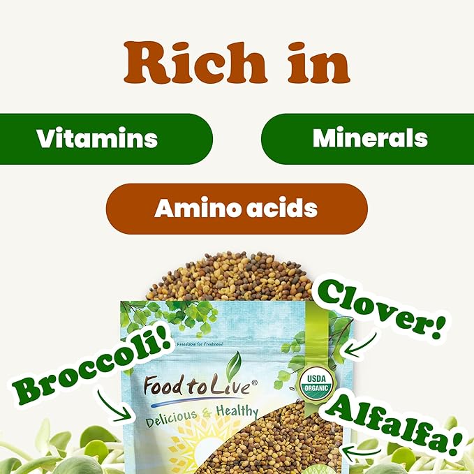 Food to Live - Organic Antioxidant Mix of Sprouting Seeds 10 Pounds - Non-GMO Broccoli Alfalfa Clover Rich Germination Rate Non-Irradiated Kosher