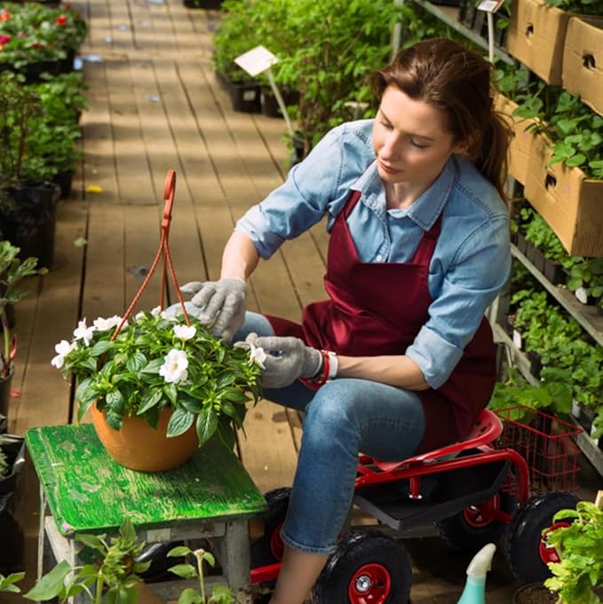 Rolling Garden Cart with Ergonomic Seat Outdoor Gardening Stool for Planting Garden Scooter with 360 Degree Swivel Seat &amp Steering Handle &amp Tool Tray (Handle Red)