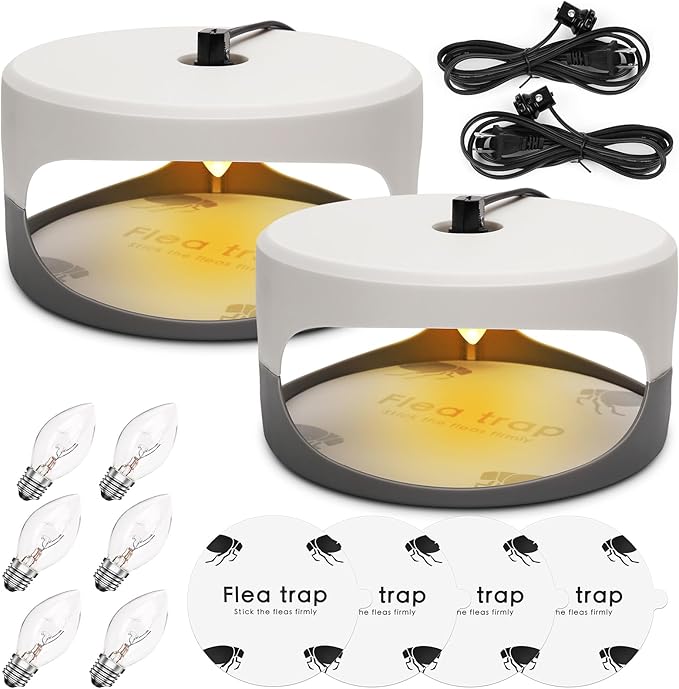 Flea Traps for Inside Your Home 2 Pack Flea Trap with Sticky Pads Refills &amp Light Bulb Replacement Odorless Natural Indoor Bed Bug Light Killer Insect Infestation Treatment Trap for Kids Pet