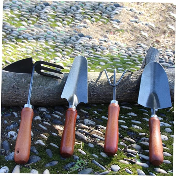 Toyvian 4pcs Mini Garden Tool Set with Stoving Varnish Shovel and Thickened Iron Spade Wooden Handle Planting Tools for Gardening and Potting