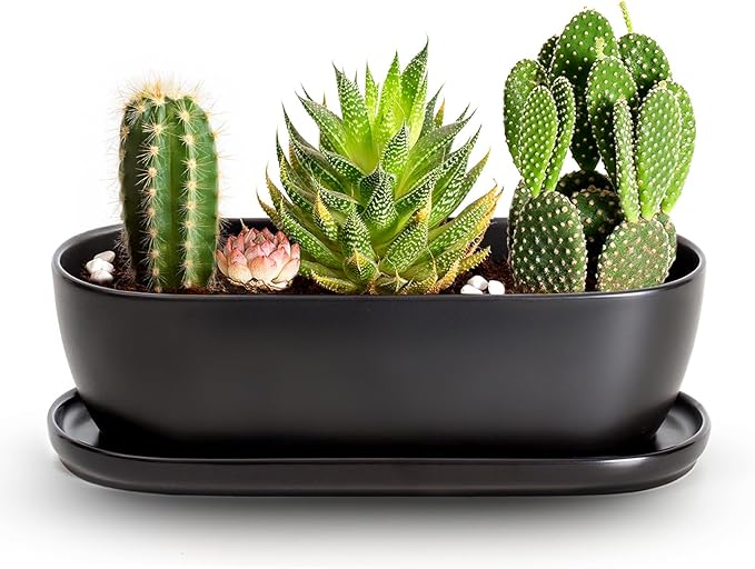 E-liu Oval Ceramic Planter Pot with Drainage Hole Saucers 11 Inch Succulents Planter Home Decor for Indoor Outdoor Plants Herb Cactus with 3 Mesh Pads Plants Not Included Black