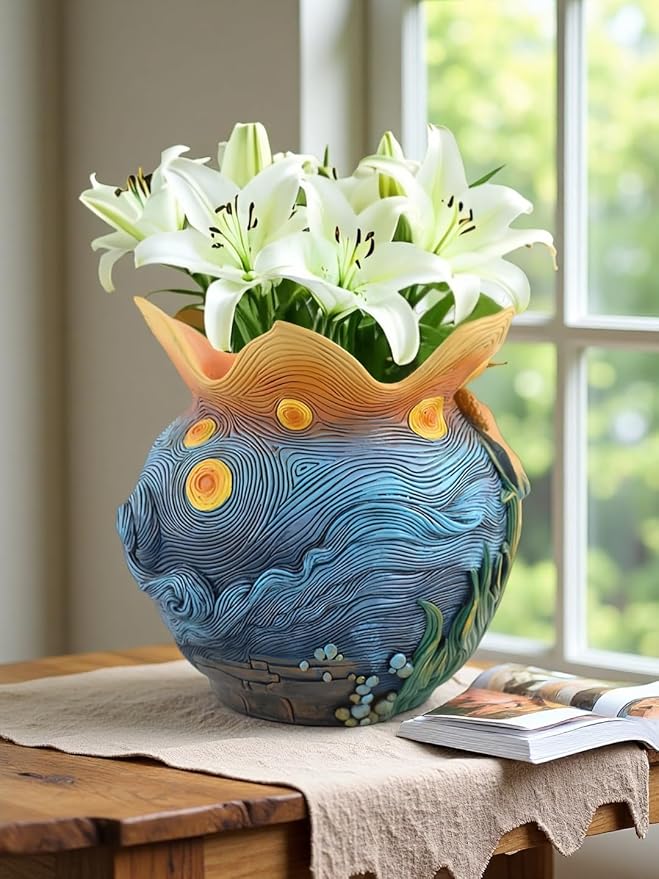 Starry Night Floral Planter Unique and Interesting Abstract Art Flower pots Vibrant Colors Perfect for Home/Garden Artistic Decoration (Flowers)