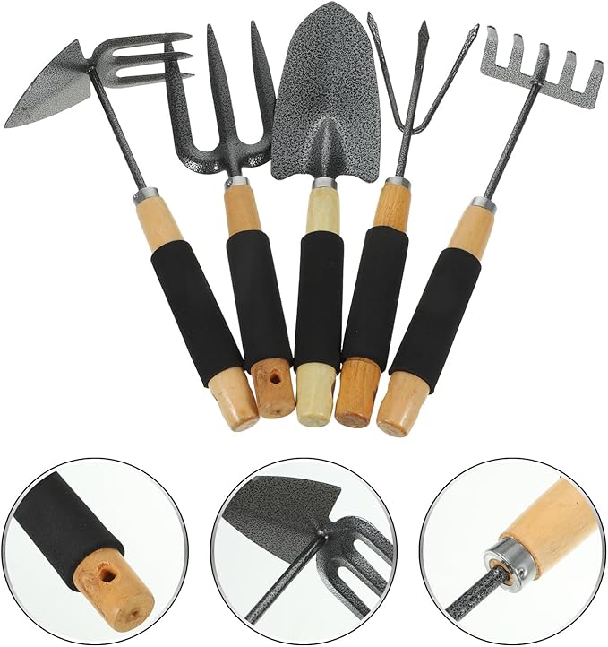 Lurrose 5pcs Gardening Tool Set Garden Shovel Five-Tine Rake Hand Hoe and Three-Prong Cultivator for Planting and Soil Loosening Sturdy Metal Construction Suitable for Lawn and Garden