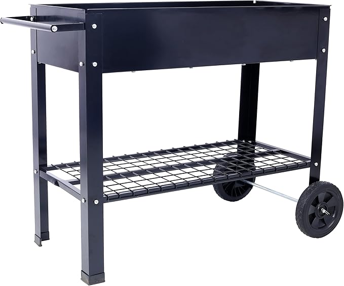 Elevated Mobile Raised Ergonomic Metal Planter Garden Bed with Wheels Storage Shelf and Drainage Holes 42.25x19.5x31.5 Black