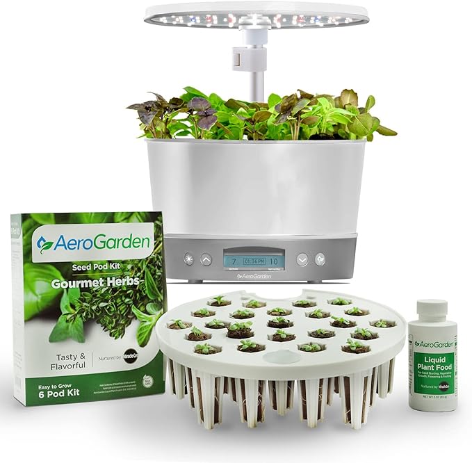 AeroGarden Harvest Elite 360 Indoor Garden Hydroponic System with LED Grow Light and Herb Kit Holds up to 6 Pods White