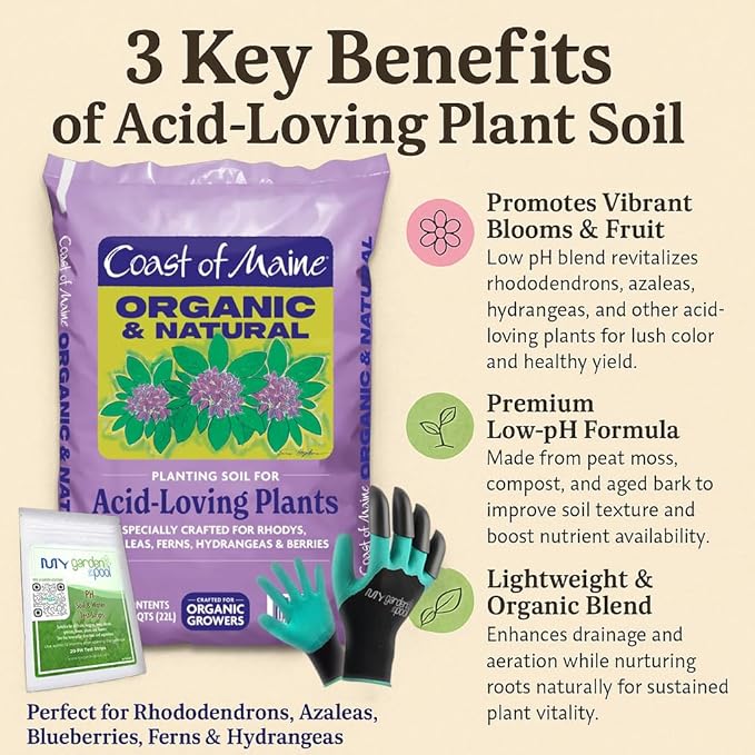 Coast of Maine AL3500 Acid-Loving Planting Soil 20 qt with My Garden Pool 7-in-1 Soil Test Strips 20 ct. and Claw Gardening Gloves