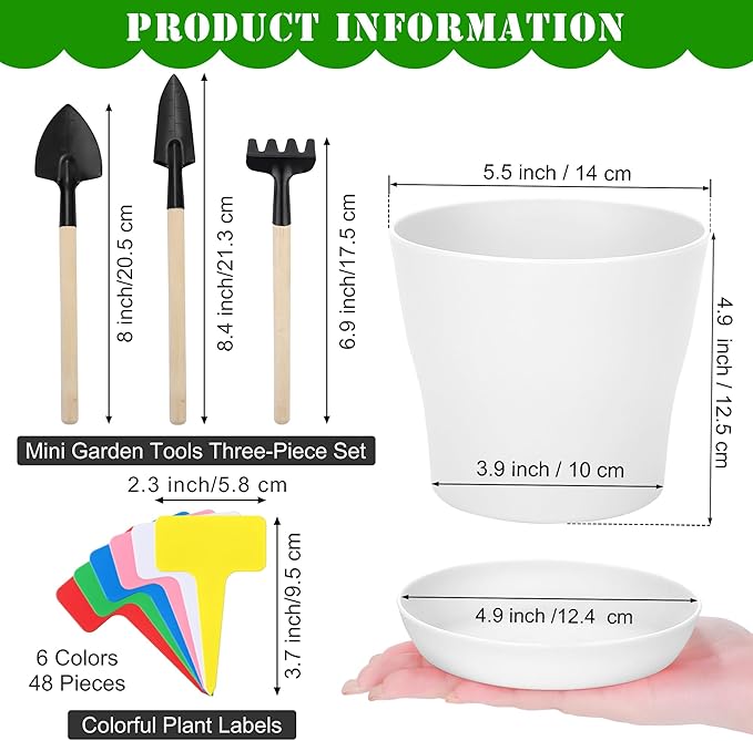 48 Pack Plastic Planters 5.5 Inch Flower Plant Pots Indoor Set Thickened Seedling Nursery Pots Seed Starting Pots with Drainage Holes Saucers Mini Garden Tool for Home Office Garden White