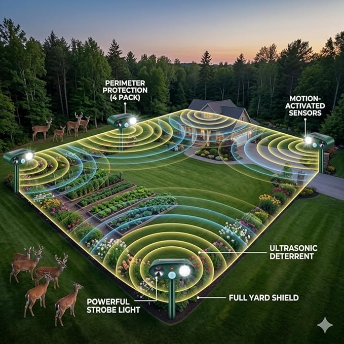 2026 Sonic Fortress Pro Deer Repellent DevicesSquirrel Fortress Pro with Motion Sensor&ampFlash LightIP65 Waterproof Solar Ultrasonic Animal Repellen to Scare Cat Rabbit Out of Garden Yard 2Pack