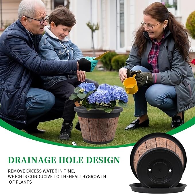 Quarut 4 Pack 12 inch Plant PotsWhiskey Barrel Planters with Drainage Holes &amp SaucerPlastic Decoration Flower Pots Retro DesignPlanters for Outdoor Indoor Garden Home Plants (Brown)