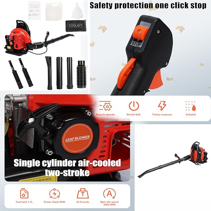 Backpack Leaf Blower 665 CFM Leaf Blower Gas Blower Electric Gas Leaf Blower for Lawn Care 1.7L Fuel Tank Leaf Blower 2-Stroke Engine 63CC High Strength Snow Blower for Yard Snow Debris (Red)