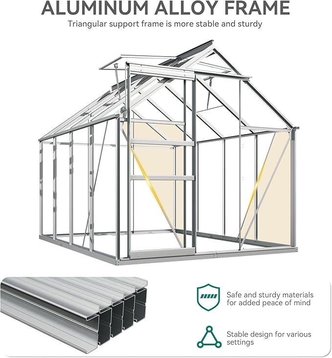 YITAHOME 6x8FT Polycarbonate Greenhouse Heavy Duty Green Houses Outdoor Aluminum Greenhouses with Sliding Doors Vent Window Walk-in Greenhouse Large Sun House for Garden Backyard Matte Silver