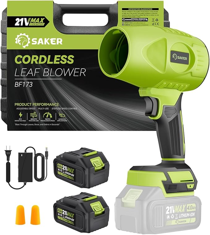 Saker Cordless Leaf Blower Handheld Blower Portable Dust Cleaner 180000 RPM with Adjustable Speed for Drying Patio Cleaning Camping Gifts 2 Batteries Green with Case