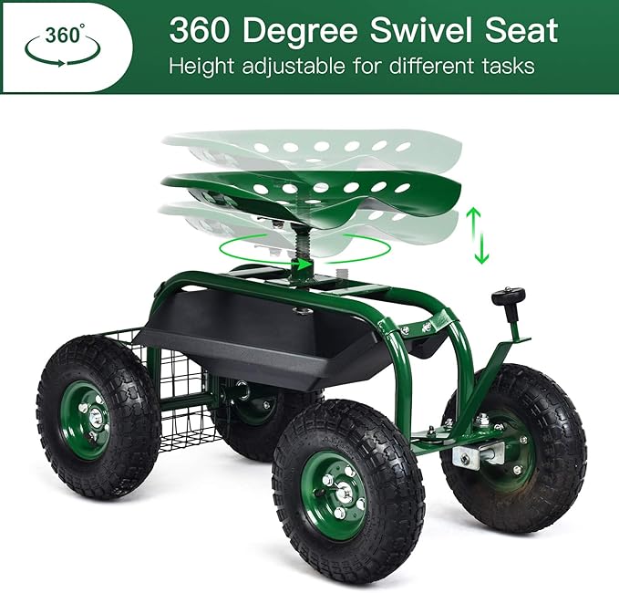 Giantex Garden Cart with Seat Rolling Garden Seat with Wheels Tools Basket 360 Swivel Gardening Workseat Adjustable Height Wagon Scooter for Patio Lawn Yard Outdoor Steerable Stool (Green)