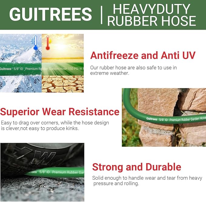 75FT 5/8 Heavy Duty Rubber Garden Hose - 300psi Working 1000psi Burst - Hot/Cold Water - Five-Layered Braiding for Durability - Versatile for Gardening Agriculture Construction(Green)